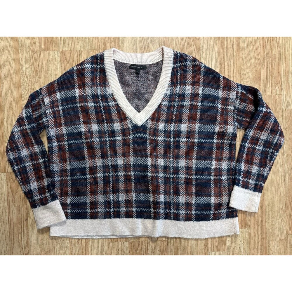 Banana Republic Womens Small Plaid V-Neck Sweater Wool Mohair Oversized Short
